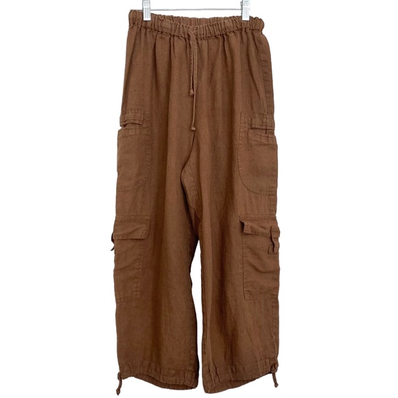 Flax Pants - FLAX Brown Linen Relaxed Fit Cropped Cargo Pants